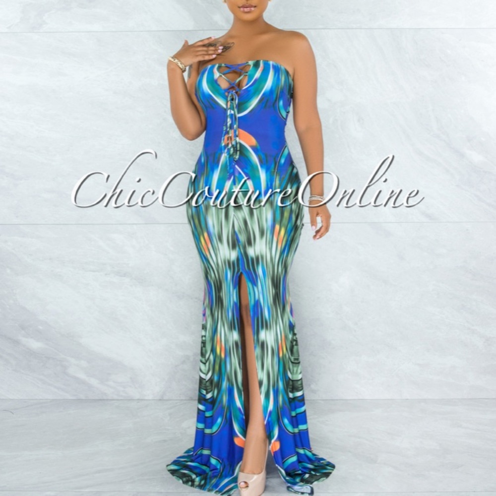 New Strapless blue multicolor dress w/ slit size S